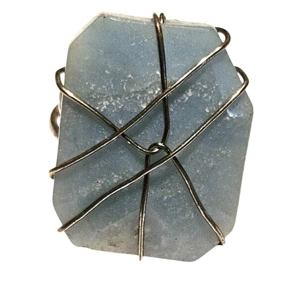 Adjustable Ring Statement Wire-Wrapped Blue Stone Unique Handmade Metal Band - Picture 2 of 9